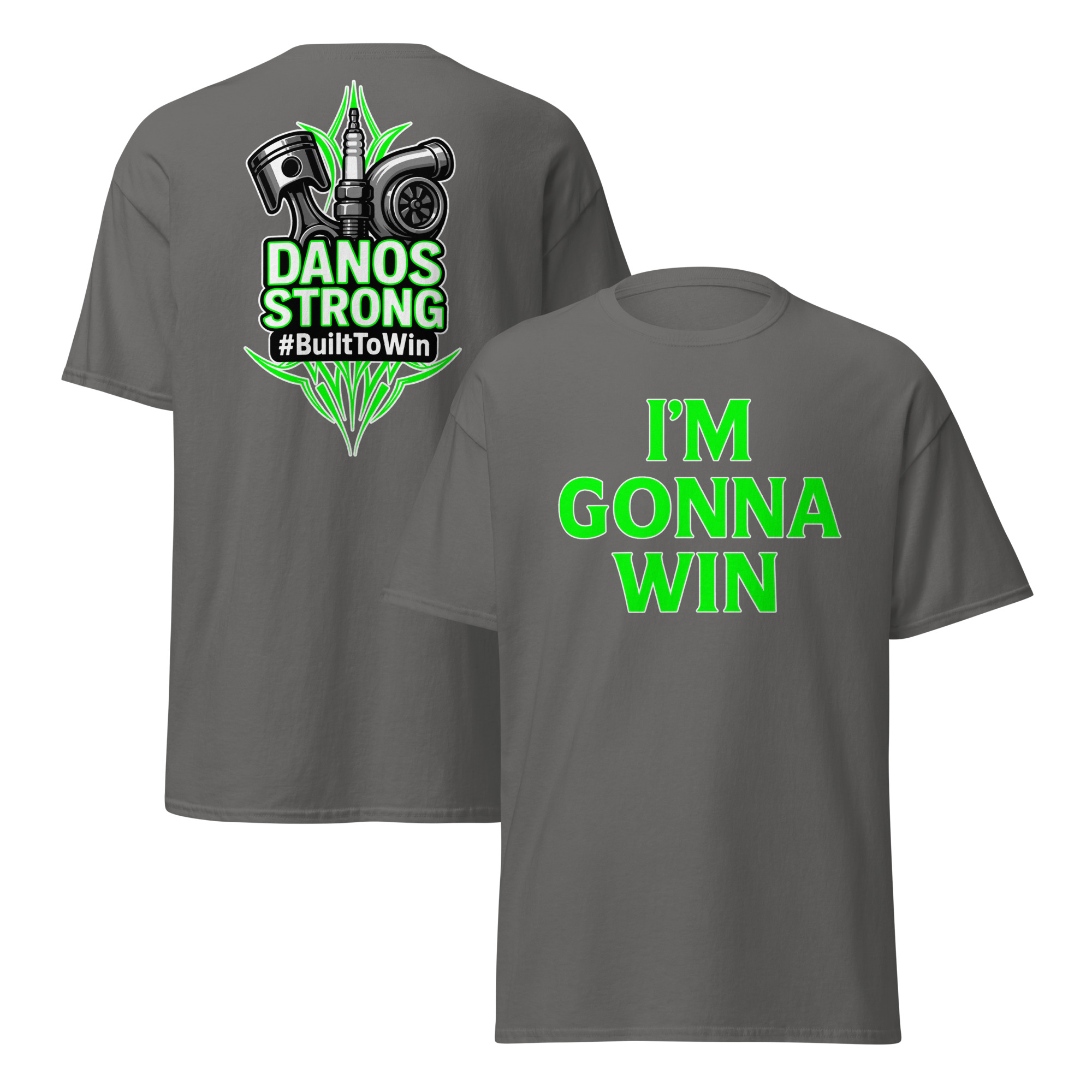 Danos Strong fundraiser shirt in charcoal - front & back print